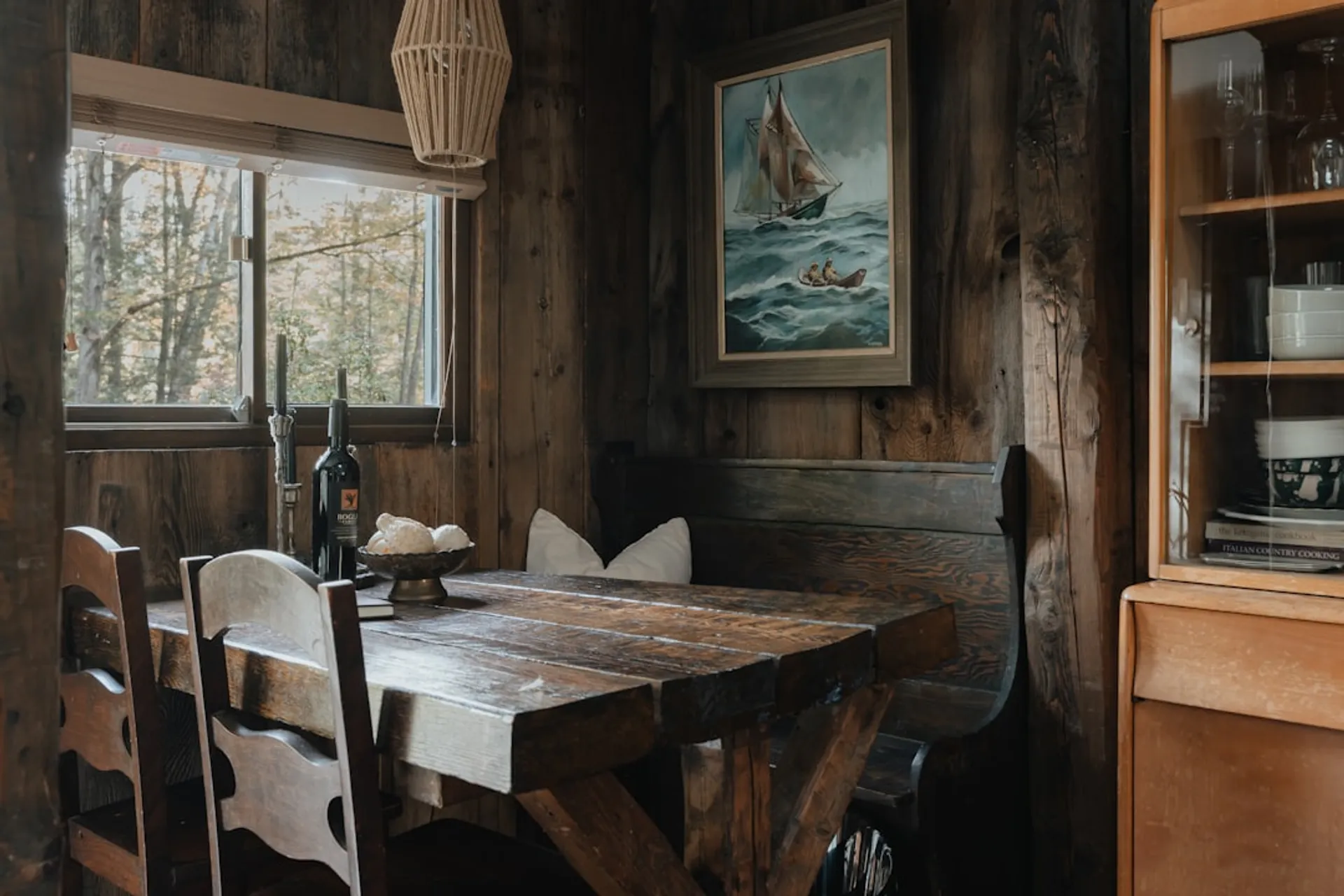 Rustic tavern interior with warm ambient lighting